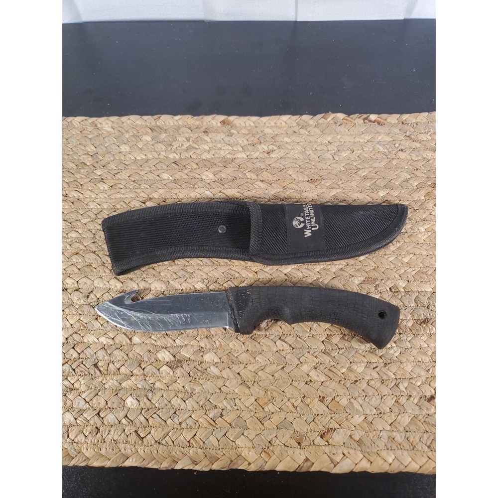 WHITETAILS UNLIMITED FIXED BLADE HUNTING KNIFE GUT HOOK Black HANDLE W / SHEATH